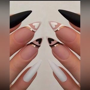 Long Almond matte Black, White, pink, w/ gold accents Heart press on nails